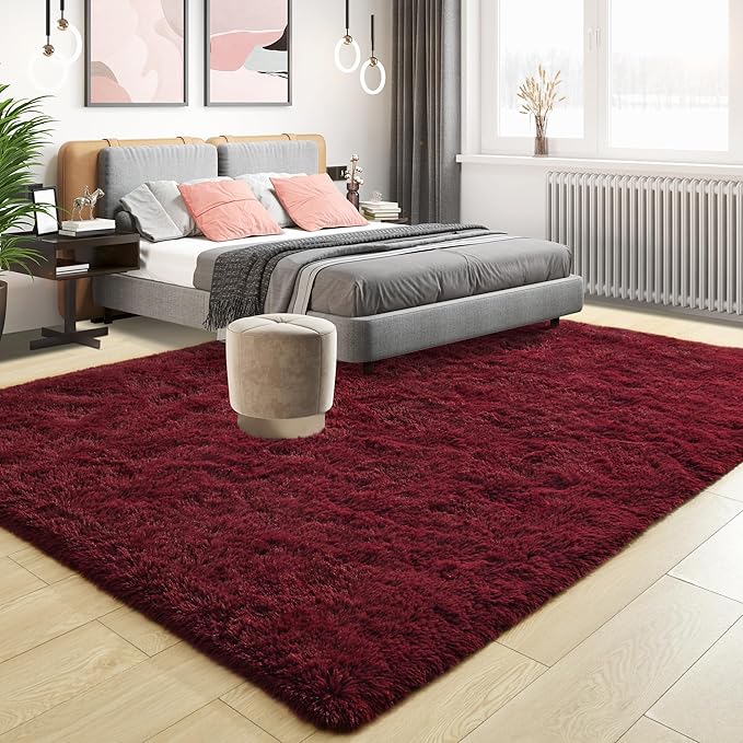 Tepook Area Rugs 9x12 for Living Room, Super Soft Fluffy Rugs for Bedroom, Modern Shaggy Rug Fuzzy Carpets for Kids, Plush Indoor Nursery Home Decor Rug with Non-Slip Bottom, Burgundy Red
