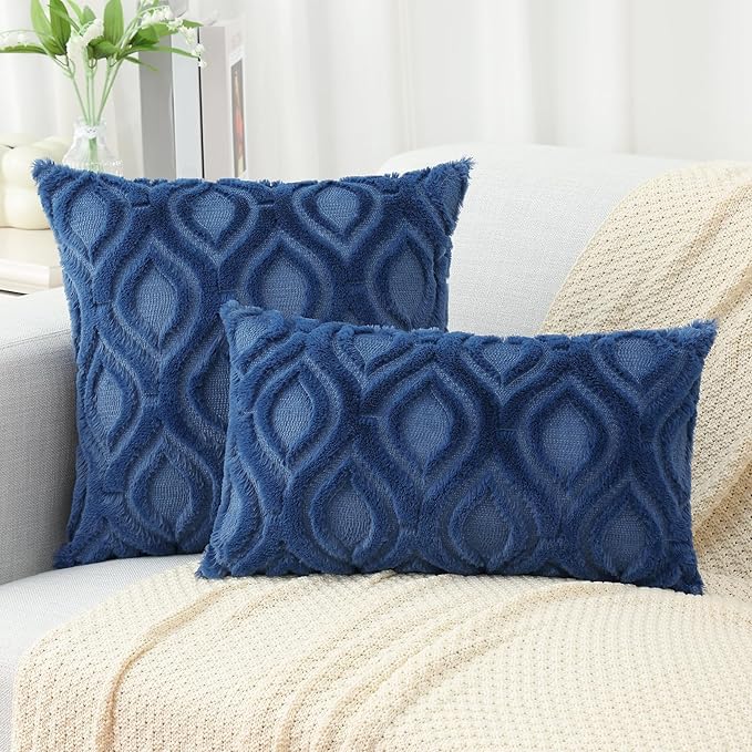 decorUhome Throw Pillow Covers 22x22 Inch Set of 2, Soft Plush Faux Wool Dark Blue Solid Couch Pillow Covers, Accent Euro Sham Farmhouse Neutral Square Pillow Cases for Sofa Bed Living Room