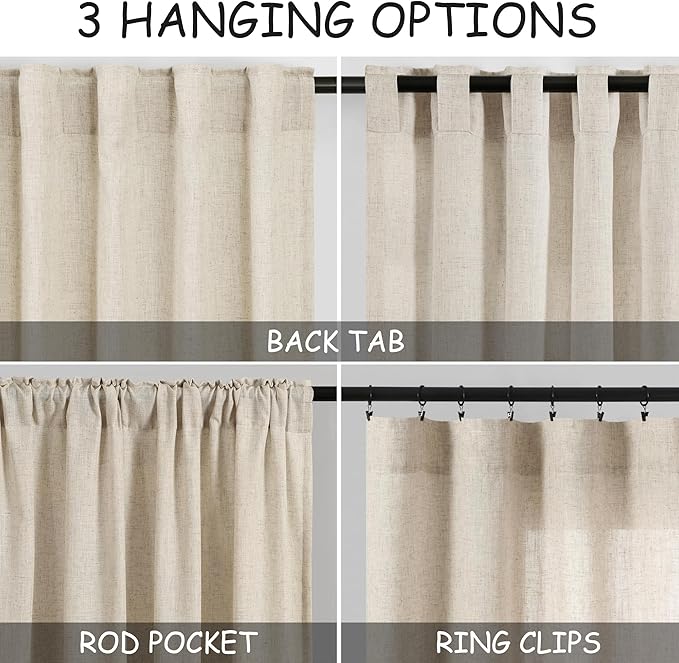 Nanspring Beige Linen Curtains 63 inches Long for Bedroom Back Tab Sheer Beige Curtains Modern Farmhouse Coastal Decor Cotton Textured Gauze Curtain for Bathroom 2 Panel Set 38x63