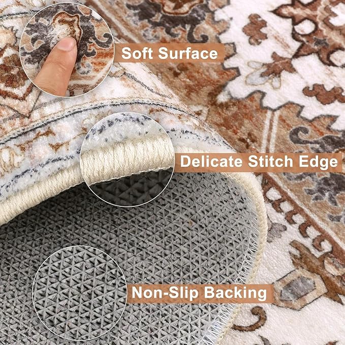 Yamaziot Washable Runner Rug, 2x6 Non-Slip Boho Vintage Hallway Rug Runner with Rubber Backing, Low Pile Faux Wool Distressed Carpet Runner for Bedroom, Kitchen, Laundry, Entrance, Ginger Grey