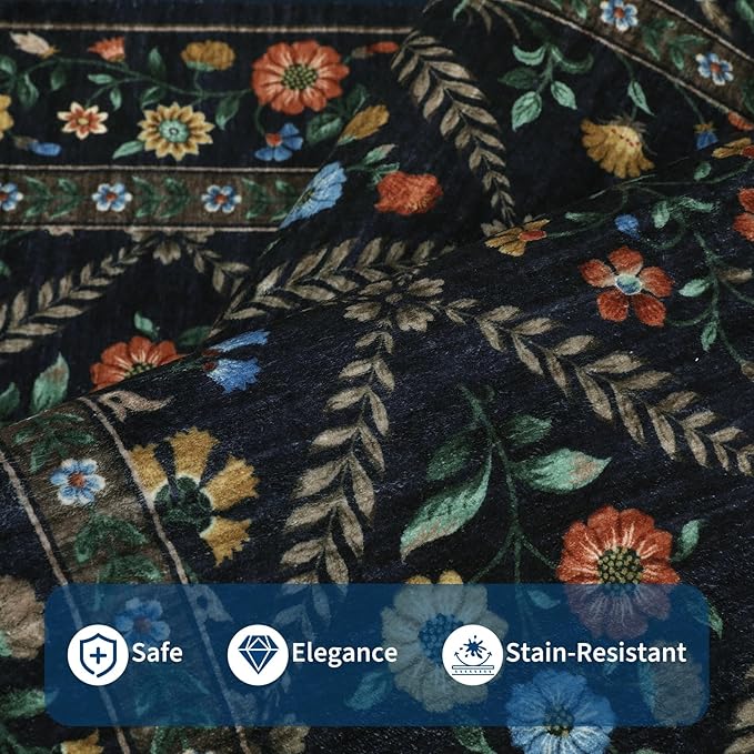 GarveeHome Grey Floral Rug 4x6 Rug Machine Washable Area Rug for Living Room Farmhouse Floral Low Pile for Dining Room, Bedroom Indoor Foldable Non-Slip Navy&Black RV