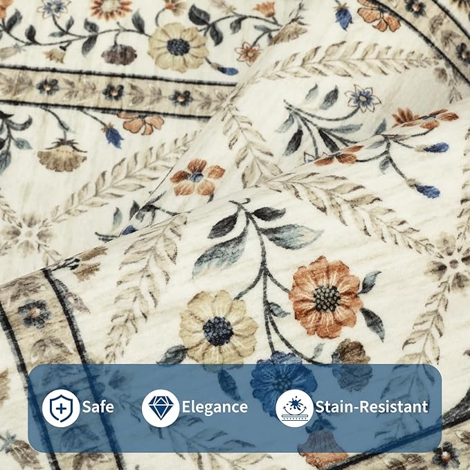 Runner Rug for Hallway Entryway 2.5x8 Farmhouse Floral Non-Slip Machine Washable Kitchen Rug Runner Non-Shedding Low-Pile Soft Long Carpet for Entrance Laundry Room Beige