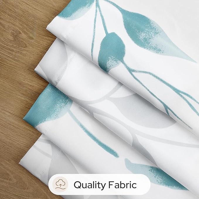 HOMEIDEAS Non-See-Through Teal and White Privacy Sheer Curtains 52 X 96 Inch Length 2 Panels, Leaf Floral Printed Light Filtering Semi Sheer Window Curtains Drapes for Bedroom Living Room