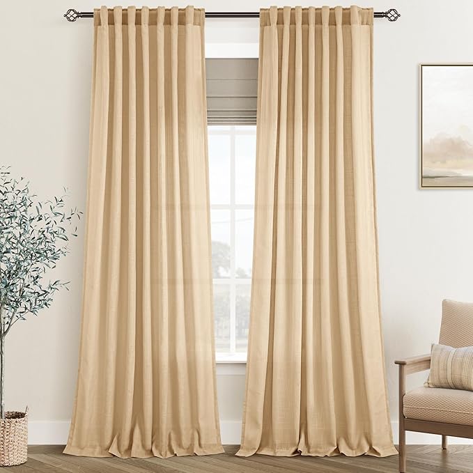Tan Linen Curtains 96 inches Long for Living Room Back Tab Rustic Farmhouse Semi Sheer Light Filtering Window Curtain Dining Room Soft Thick Flax Linen Textured Drapes Kahki 52x96