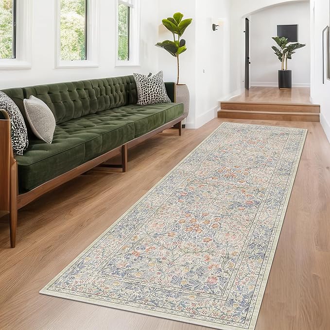 Hazo Haus Beige Blue Washable 2'6"x10' Wide Hallway Runners, Kitchen Runner Rug, Non-Slip & Stain Resistant 10ft Long Floor Rug, Retro Lilic Boho Floral Décor