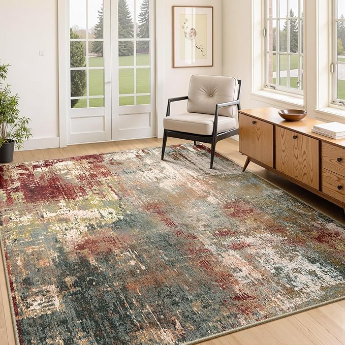 Washable Area Rugs 4'x6' Non-Slip Modern Abstract Soft for Living Room Entryway Bedroom Nursery, Print Pattern, Brown Rust Red Green Blue Multi