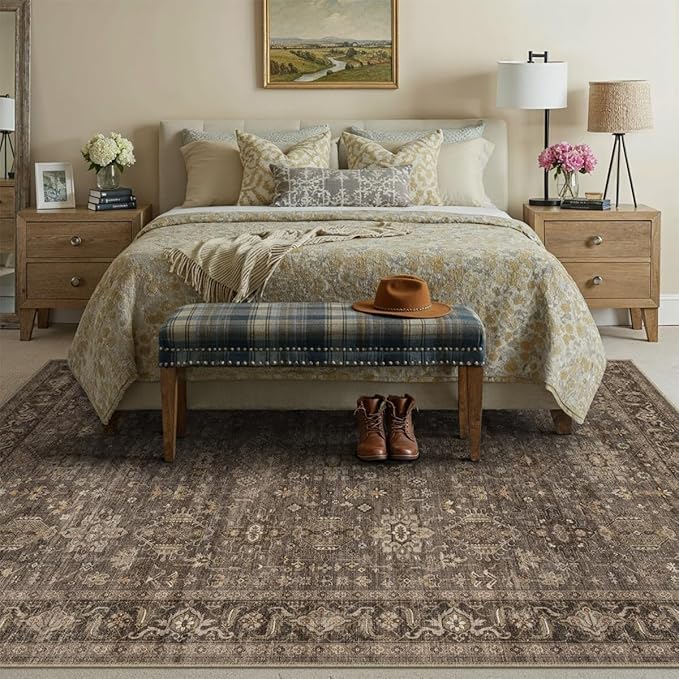 10x12 Washable Area Rug for Living Room Bedroom Vintage Brown Non Slip Carpet Traditional Retro Soft Low Pile Large Throw Rug for Dining Room Kitchen Office Indoor