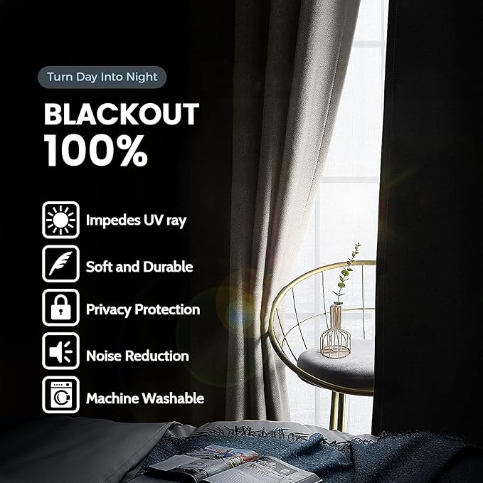 SimpleHome 100% Blackout Curtains for Bedroom,Thermal Insulated Natural Grommet Window Drapes Room Darkening Curtains for Living Room with Black Back,62 x 84 Inch,2 Panels