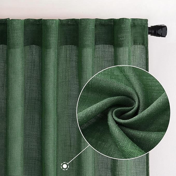 MIULEE Emerald Green Linen Curtains 90 Inch Long for Bedroom Living Room, Soft Thick Linen Textured Window Drapes Semi Sheer Light Filtering Rod Pocket Back Tab Christmas Burlap Look, 2 Panels