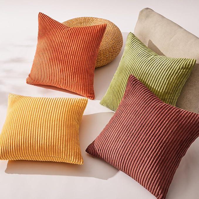 Topfinel Fall Burnt Orange Throw Pillow Covers 16x16 Set of 4,Corduroy Striped Decorative Cushion Cases for Couch Living Room Sofa Guest Bedroom Fluffy,Small Cute Shams