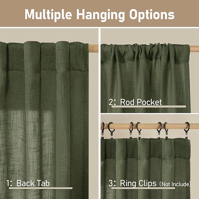LAMIT Semi Sheer Window Linen Curtains 54 Inch Length, Light Filtering Panels Back Tab and Rod Pocket Christmas Drapes for Bedroom/Living Room, Olive Green, 2 Panels, 34 x 54 Inch