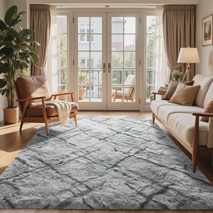 4x6 Ft Shag Rugs for Bedroom Living Room, Tie-Dyed Ultra Soft Fluffy Furry Area Rugs for Indoor Floor, Aesthetic Carpet for Kids Home Decor (Grey)
