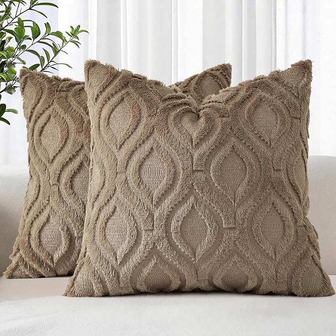 decorUhome Throw Pillow Covers 16x16 Inch Set of 2, Soft Plush Faux Wool Light Brown Solid Couch Pillow Covers, Accent Farmhouse Neutral Square Pillow Cases for Sofa Bed Living Room