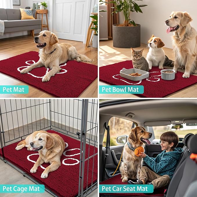 Smiry Dog Door Mat for Muddy Paws, Absorbent Dirt Trapper Non Slip Quick Dry Washable Chenille Mat for Mud Dogs, Entry Rug for Indoor and Outdoor (36x24 Inches, Red and White)