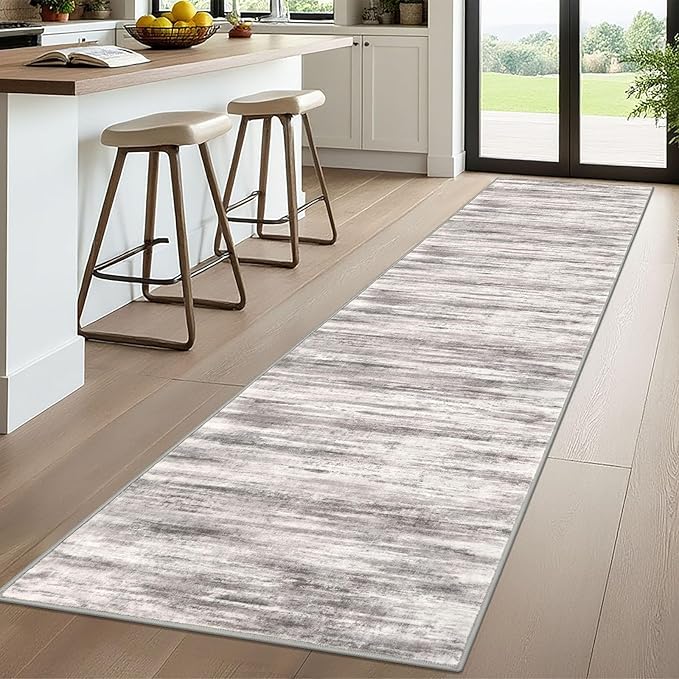KOZYFLY Modern Abstract Washable Rug Runner 2.6x10 Hallway Rug Runner Non-Slip Soft Kitchen Runner Rugs, Grey/Light Beige/Brown Striped Carpet for Entryway Bathroom