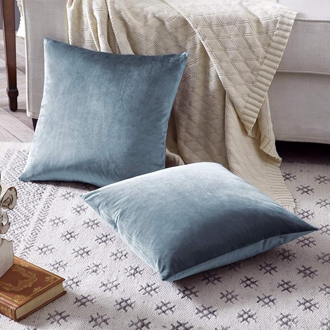 GIGIZAZA Stone Blue Velvet Decorative Throw Pillow Covers 20x20 for Sofa Living Room Soft Cushion Cover Pack of 2