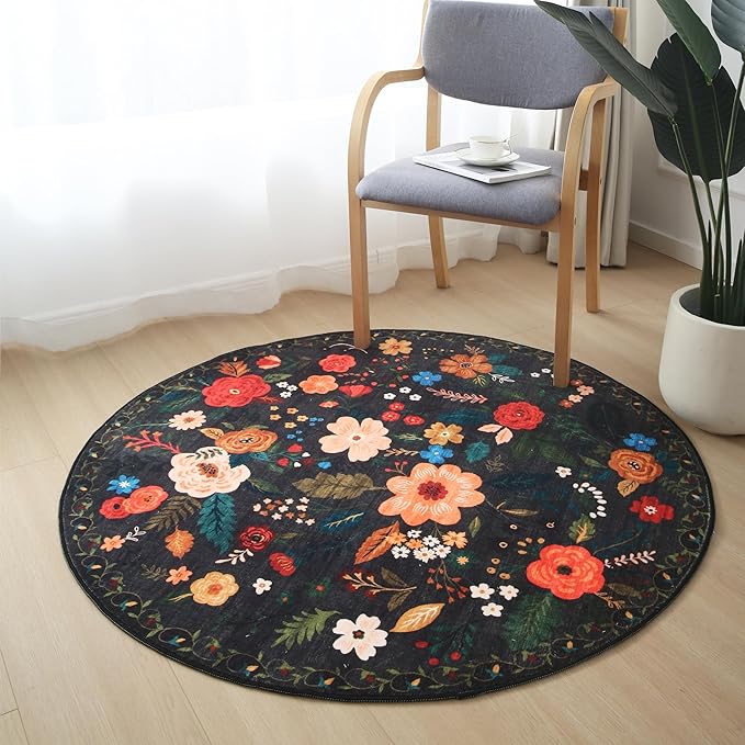 Rugcomf Round Rug 6ft Washable Circle Rug Non Slip Low Pile Boho Floral Small Circular Rug for Bedroom, Bathroom, Entryway, Kids Room, Office, College Dorm(Black)