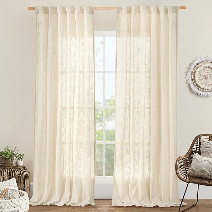 LAMIT Living Room Linen Curtains 95 Inch for Bedroom, Back Tab and Rod Pocket Linen Textured Sheer Curtains Light Filtering Boho Drapes for Canopy/Nursery, 2 Panels, 52 x 95 Inch, Beige