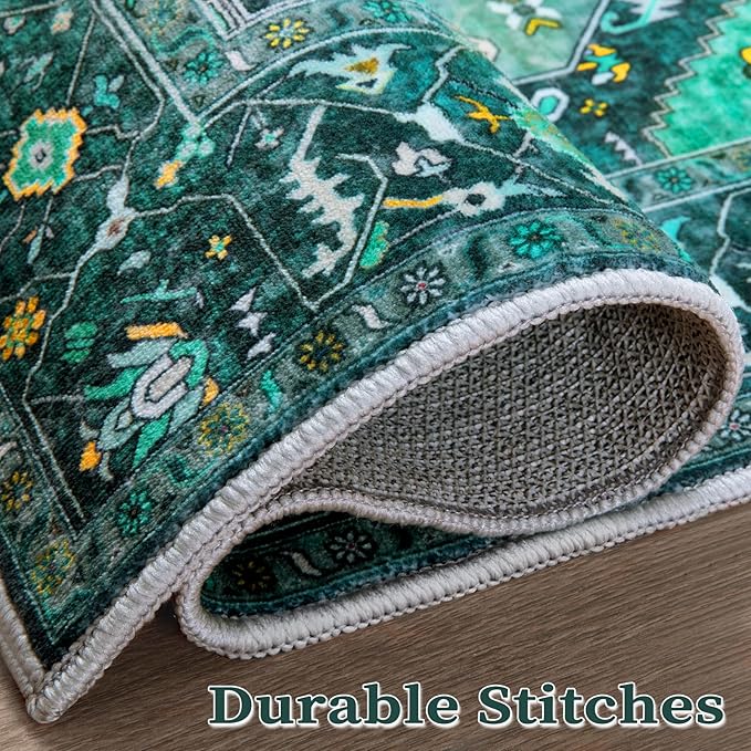 SERISSA Washable Rugs 9x12 Area Rugs, Large Non-Slip Boho Living Room Teal Rug, Ultra Soft Vintage Print Distressed Oriental Tribal Farmhouse Carpet for Dining Room Bedroom Dorm Office Home Decor