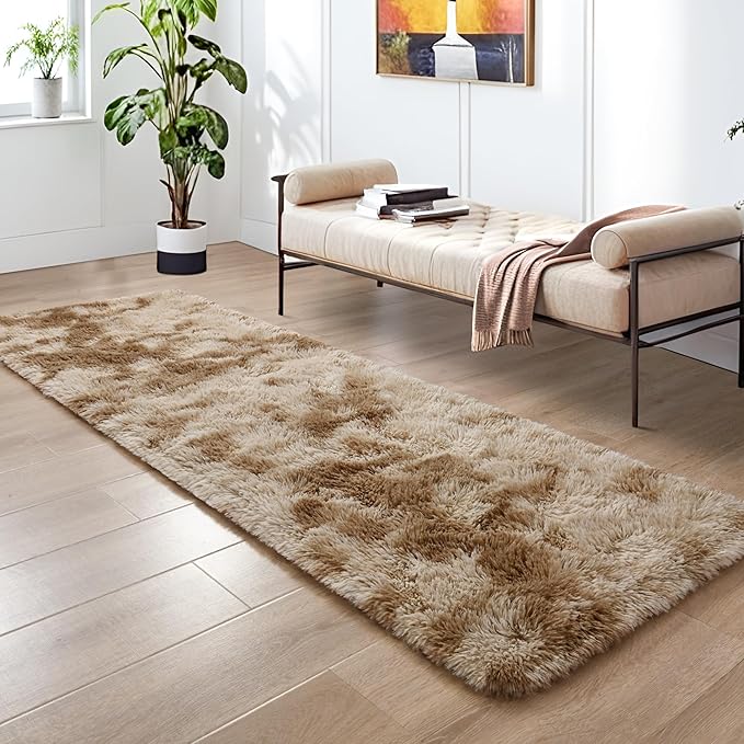Tepook Fluffy Runner Rugs for Bedroom Aesthetic 2x6 Feet, Shag Soft Bedside Rug with Non-Slip Bottom, Fuzzy Plush Carpet for Room, Hallway Rug for Nursery Dorm Indoor Home Decor, Tie-Dyed Beige