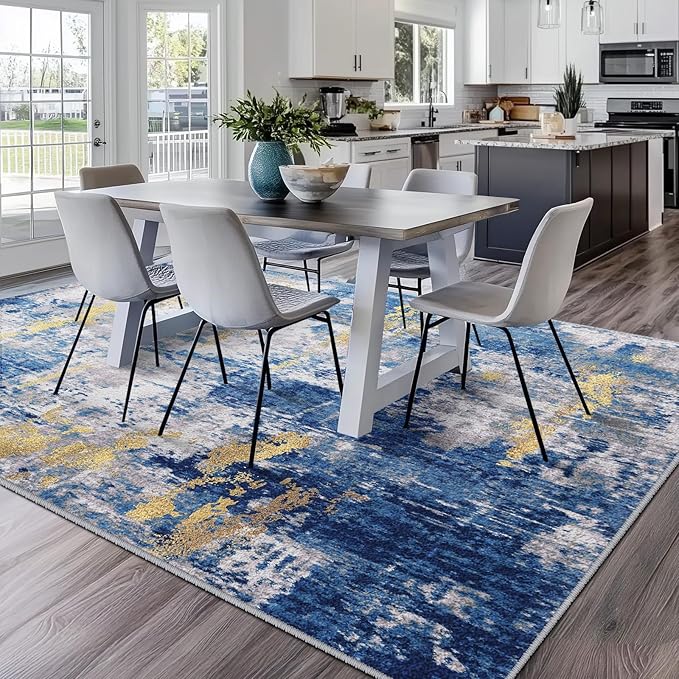 Washable Area Rugs 5'x8' Non-Slip Modern Abstract Soft for Living Room Entryway Bedroom Nursery, Print Pattern, Grey Blue Gold/Golden