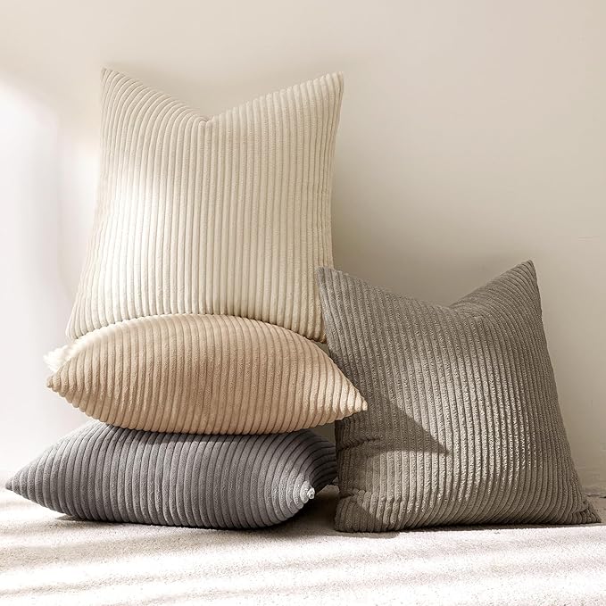 MIULEE Boho Farmhouse Neutral Cream Throw Pillow Covers 18x18 Inch Set of 4 Mordern Nordic Cushion Covers Soft Corduroy Spring Home Decor for Couch Bed Sofa Living Room