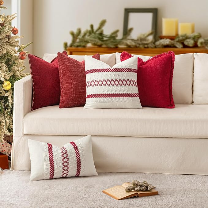 MIULEE Pack of 2 Christmas Pillow Covers 18x18 Inch Red Farmhouse Decorative Throw Pillow Covers with Stitched Edge Soft Chenille Solid Dyed Couch Pillow Covers for Sofa Bed Living Room