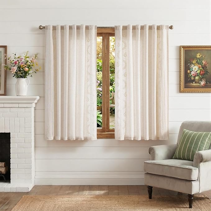 jinchan Belrose Linen Floral Cafe Curtains 45 Inch Length Embroidered Farmhouse Curtains for Kitchen Bedroom Bathroom Small Windows Curtain Set Light Filtering 2 Panels Ivory