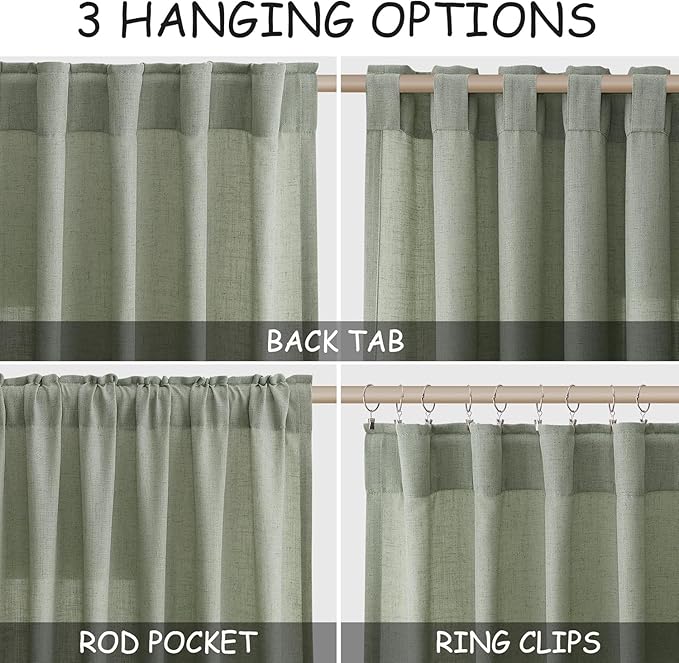 Desert Sage Linen Curtains 132 Inch Length for Living Room Light Filtering Semi Sheer Curtain Back Tab Rustic Farmhouse Decor Elegant Drapes Floor to Ceiling High Window for Bedroom 52x132, 2 Panels