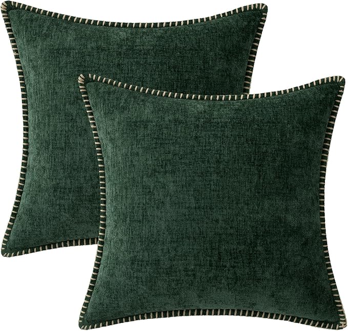 MIULEE Pack of 2 Christmas Pillow Covers 16x16 Inch Dark Green Farmhouse Decorative Throw Pillow Covers with Stitched Edge Soft Chenille Solid Dyed Couch Pillow Covers for Sofa Bed Living Room