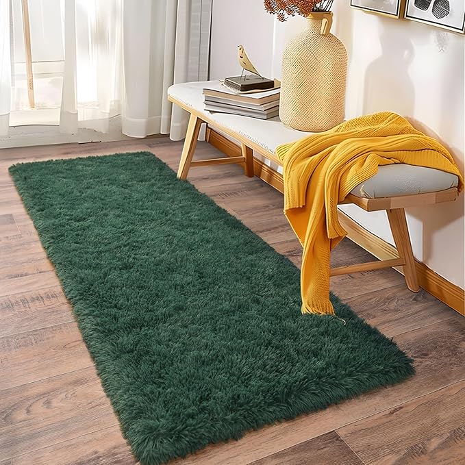 Soft Runner Rugs for Bedroom Hallways, 2 Packs 2x6 Green Fluffy Shag Throw Area Rug Non Slip for Bedside Dorm, Long Shaggy Furry Carpet for Nursery Living Room