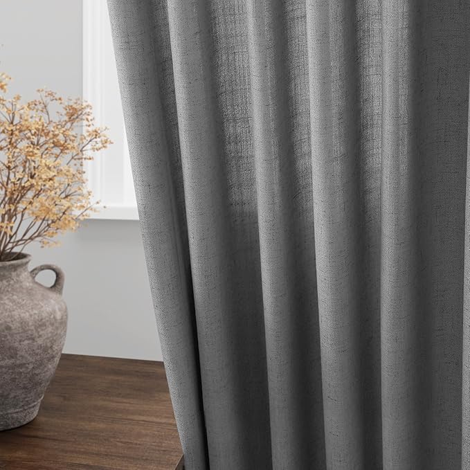 Nanspring Dark Grey Semi Sheer Curtains 72 Inches Long 2 Panels Set for Bedroom Privacy Back Tab Rod Pocket Light Filtering Drapes Cotton Linen Textured Farmhouse Living Room Curtain 52X72 Inches