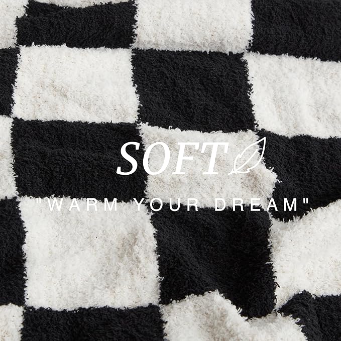 EXQ Home Checkered Throw Blanket, Knitted Blankets with Checkerboard Grid Pattern, Soft Cozy Fluffy Throw for Couch Bed Sofa, Warm Fuzzy Plaid Blanket for All Seasons,Black, 50"×60"