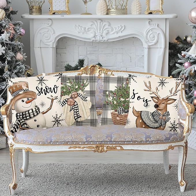 ONFAON Christmas Decorations - Christmas Pillow Covers 18x18 Set of 4, Holiday Christmas Decor Home Sofa Couch Cushion Indoor Decorations
