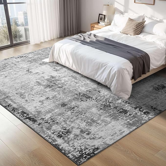 Living Room Rug 5x7 Gray Area Rug Machine Washable Boho Rug Non Slip Abstract Vintage Indoor Large Rugs for Bedroom, Classroom, College Dorm, Farmhouse, Dining Room, Kids Playroom