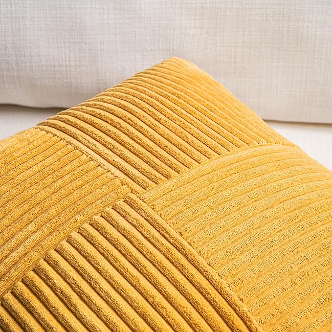 Fancy Homi 2 Packs Gold Yellow Samll Decorative Throw Pillow Covers 14x14 Inch with for Couch Bed Sofa, Farmhouse Boho Spring Home Decor, Soft Corss Patchwork Corduroy Square Cushion Case 35x35 cm