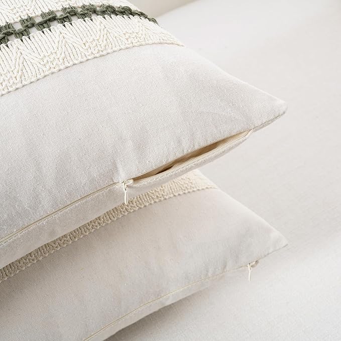 Fancy Homi Set of 1 Boho Olive Green Decorative Throw Pillow Cover 16x16 Inch for Couch Bed Sofa, Aesthetic Modern Organic Farmhouse Home Decor, Soft Cotton Cute Accent Macrame Woven Cushion Case