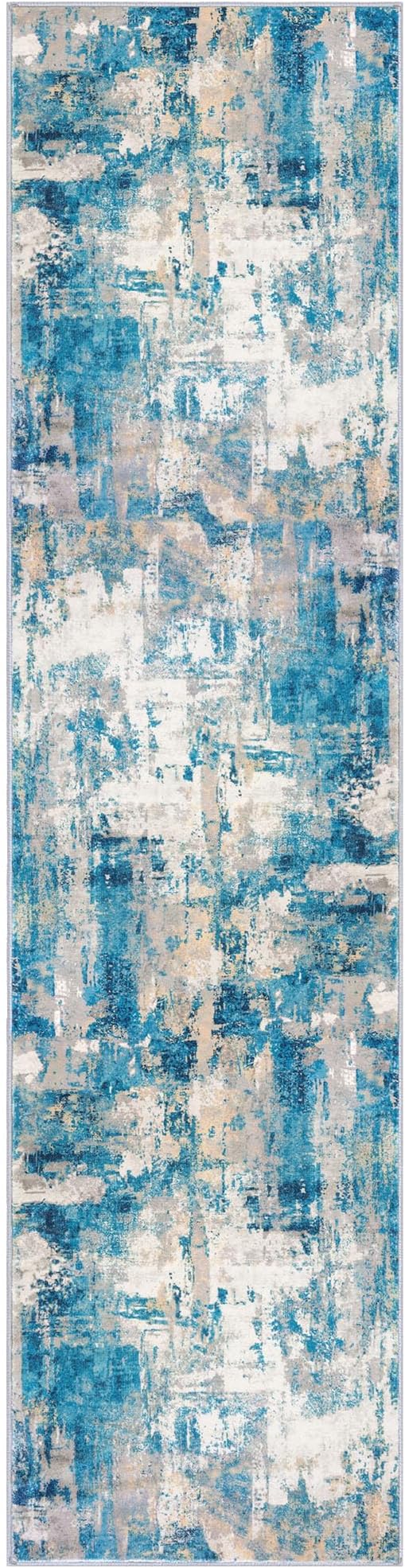 KOZYFLY Modern Abstract Rug Runner, 2x8, Blue, Low Pile, Machine Washable, Non-Slip, Recycled Fiber, Area Rug for Hallway, Kitchen, Bathroom, Bedroom