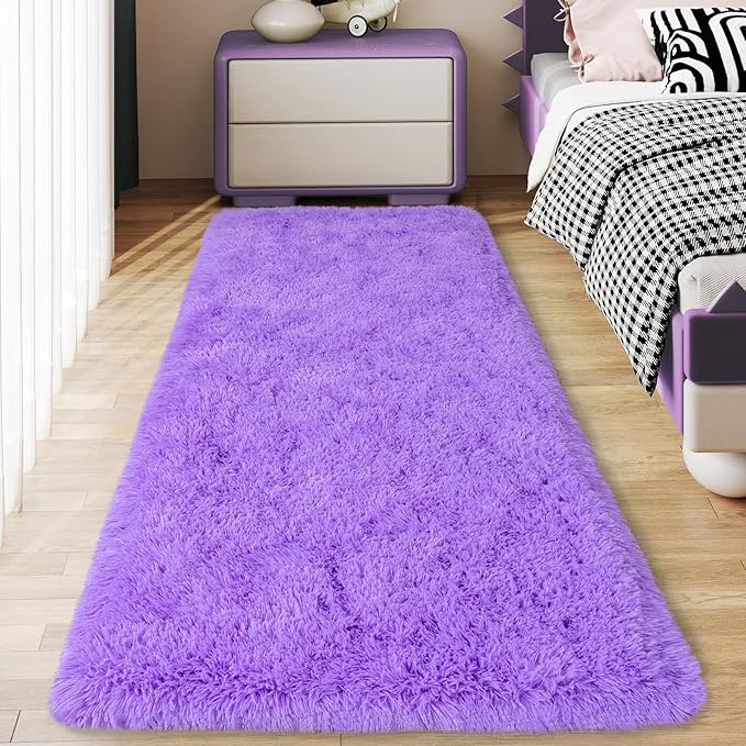 Ultra Soft Runner Rugs for Bedroom Hallways with Upgraded Non-Slip Rubber Backing & Thick Memory Sponge, 2x8 Feet Fluffy Shag Throw Area Rug for Bedside Dorm Light Purple
