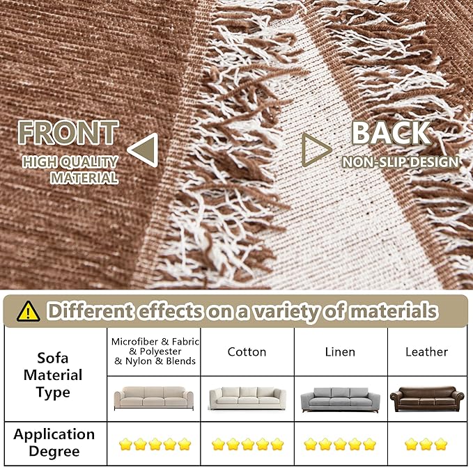 MYSKY HOME Boho Couch Cover Camel Sofa Covers with White Tassel Farmhouse Sofa Slipcover Simple Couch Protector for Dogs Chenille Sectional Couch Covers L Shaped Couch Cushion Covers, 91"x 134"
