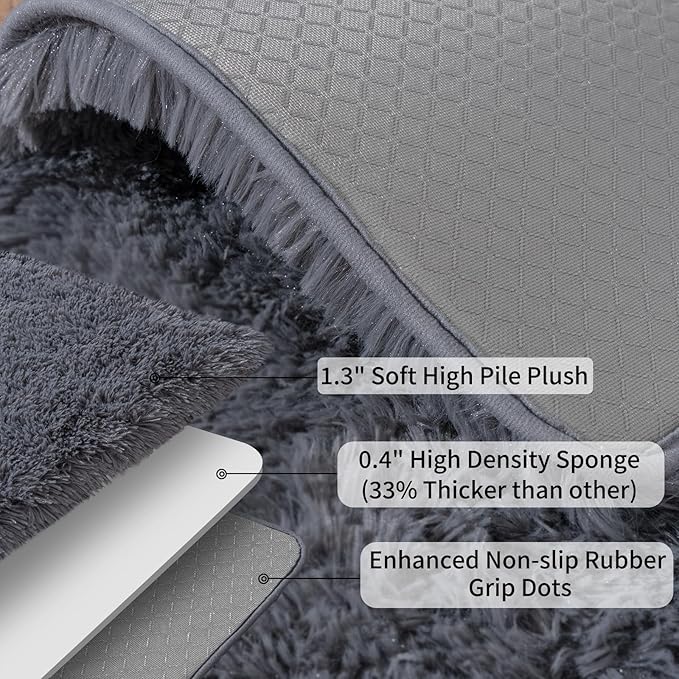 Ultra Soft Runner Rugs for Bedroom Hallways with Upgraded Non-Slip Rubber Backing & Thick Memory Sponge, 2x4 Feet Fluffy Shag Throw Area Rug for Bedside Dorm Dark Grey