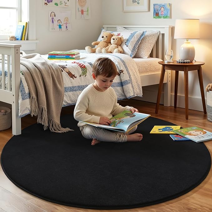 Amearea Black Round Area Rugs 6ft Washable Circle Rugs for Bedroom Living Room, Fluffy Indoor Thickened Memory Foam Rug, Non Slip Minimalist Circular Carpet for Kids Boys Girls Dorm Nursery Room Decor