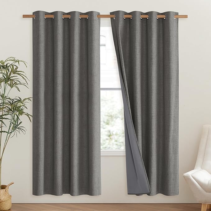 NICETOWN Grizzle Gray Vintage Linen 100% Blackout Curtains for Living Room, Thermal Insulated Curtains 72" Long, Noise Reducing Window Treatment Drapes for Hall Room, 52" Wide Per Panel, Set of 2