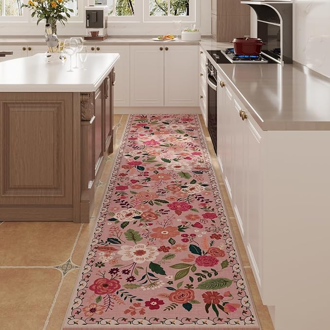 Rugcomf Runners for Hallways Kitchen Runner Rug Non Slip 2'x 10' Long Washable Rugs with Rubber Backing Soft Floral Carpet Runner for Hallways, Kitchen, Laundry, Bedroom, Bathroom(Pink)