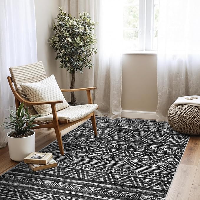 4x5 Washable Entryway Area Rug: Modern Moroccan Runner Rugs Indoor Soft Non Slip Door Mat for Living Room Low Pile Thin Floor Carpet for Kitchen Dining Room Bedroom Home Office Decor(4x5,Black)