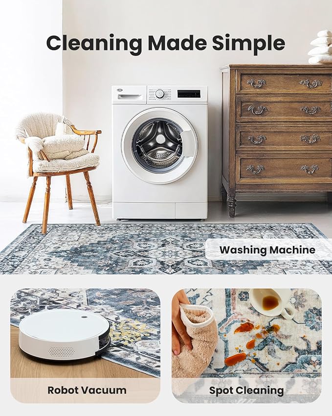 AMADA HOMEFURNISHING 2'6"x8' Washable Area Rug, Low-Profile Entryway Rug with Non-Slip Backing & Durable Edge Binding, Vintage Rug Pattern, Small Rugs for Entryway, Kitchen & Living Room