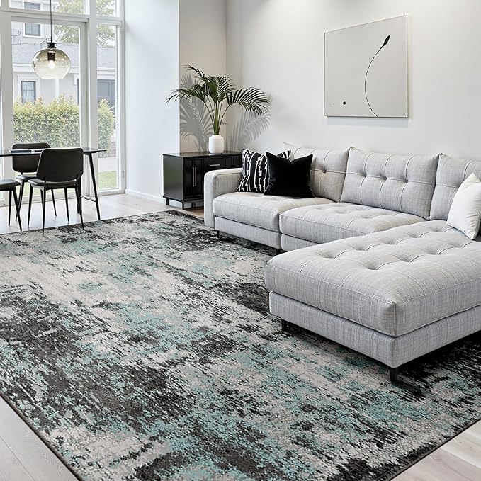 Washable Area Rugs 8'x10' Non-Slip Modern Abstract Soft for Living Room Entryway Bedroom Nursery, Print Pattern, Blue Black Teal