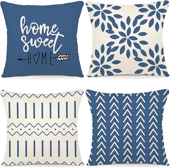 YCOLL Pillow Covers 16x16 Set of 4, Modern Sofa Throw Pillow Cover, Decorative Outdoor Linen Fabric Pillow Case for Couch Bed Car，Light Blue