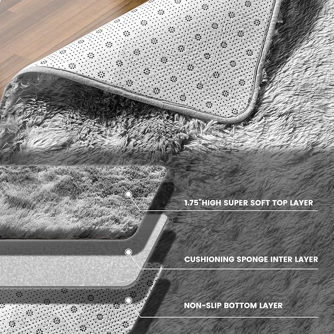 Ultra Soft Indoor Modern Area Rugs, 5x7 Tie-Dyed Light Grey Large Area Rugs for Living Room, Fluffy Shag Fuzzy Soft Carpet for Bedroom, Kids Home Decor Aesthetic, Nursery, Upgrade Anti-Skid