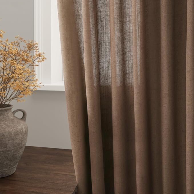 Nanspring Caramel Brown Curtains 80 Inches Long 2 Panels Set for Bedroom Back Tab Rod Pocket Semi Sheer Light Filtering Privacy Drapes Linen Blend Textured Farmhouse Living Room Curtain 52X80